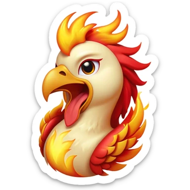 Cinematic Cute Yawning Mystical Fire Phoenix Portrait Emoji, Head tilted slightly with a dramatic, wide-open yawn, revealing softly ruffled plumage with hints of fiery red and molten gold, and half-closed, dreamy eyes exuding a serene, reborn warmth; rendered with realistic detail and gentle, natural light, high shine, relaxed yet resplendent, styled with a dash of mythical charm, soft glowing outline, capturing the essence of a sleepy yet affectionate phoenix ready to stretch its wings into a peaceful, ember-lit slumber! sticker