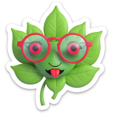 emoji with green leaf-shaped clear lens glasses, red eyes, smoke coming out of an O-shaped mouth sticker