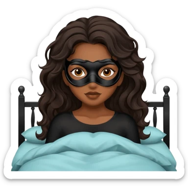 Um amenina super linda com cabelo marrom meio preto ondulado na cama com máscara no rosto sticker