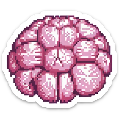 16-bit pixel art of a pink brain-shaped blob, smooth rounded brain texture, simple retro gaming style sticker