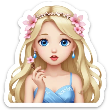 Girl with long blond hair and sakura accessories on her hair with a long tailed dress on the ground and have blue eyes beautiful finish and she sending lovely kisses  sticker