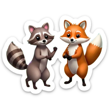 raccoon and a fox among a colorful forest with vibrant green trees, bushes and flowers. The animals are in the foreground, surrounded by a lush, bright forest, with soft sunlight filtering through the leaves. A playful photo-realistic and wild scene with a transparent background. sticker