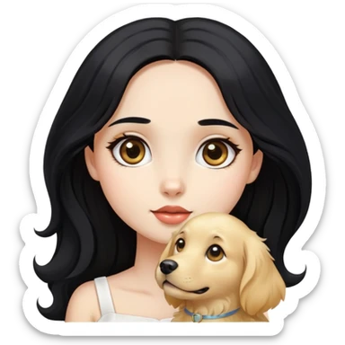A beautiful girl with big eyes, fair skin, long black hair with white dress and a Golden Retriever sticker