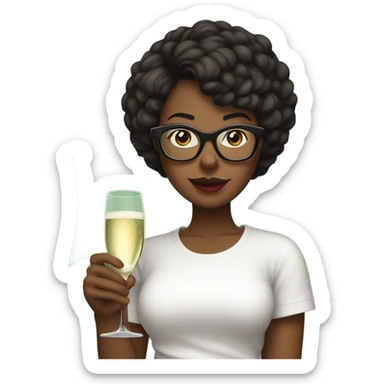 Short hair black woman with glasses woman in a white tee shirt with red, black, and green flag on it having a glass of champagne.  sticker
