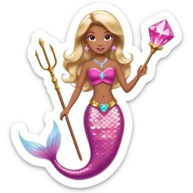 Brown skin blonde hair barbie mermaid with pink diamond tail and wand  sticker