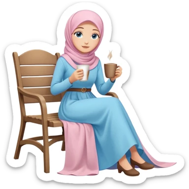 Turkish beautiful finish Konya girl blue eyes with pastel hijab long tail dress and sits on the chair on the ground and holds cup coffe with her hand  sticker
