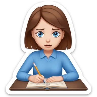 female writer, romantic, with brown hair, fair skin and blue eyes writing a book with a worried face sticker