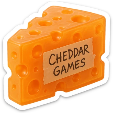 A clear, transparent orange block of cheddar cheese with holes like Swiss cheese, hyper-detailed plastic texture reminiscent of a 90's toy, soft reflections on soft flat plastic, soft and almost squishy appearance, some cloudiness, not shiny, hyper-realistic, retro, highly detailed, appealing, glowing slightly. A piece of tape messily taped to the side with 'Cheddar Games' written in messy Sharpie. Extremely high quality, no background. sticker