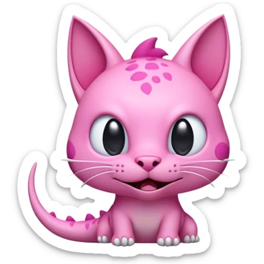 Create a front-facing, emoji-style illustration of a pink dinosaur-cat hybrid. The character should have a goofy, innocent, and slightly confused expression. It should have cat-like ears but a slightly elongated snout, subtle dinosaur-like scales, and a round, soft head. The design should be cartoonish, minimalistic, and stylized, resembling an Apple Memoji or an emoji. Use bold outlines, smooth gradients, and a glossy finish to match the modern digital emoji aesthetic. The background should be transparent or a simple solid color to make it adaptable for stickers, avatars, or messaging apps. sticker