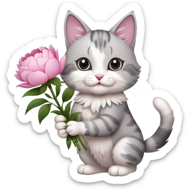 Cute cat Handing pink peonies like reaching a hand and handing them out a bouquet of them not a physical hand the cats hand  make the cat fluffy and grey and white  sticker
