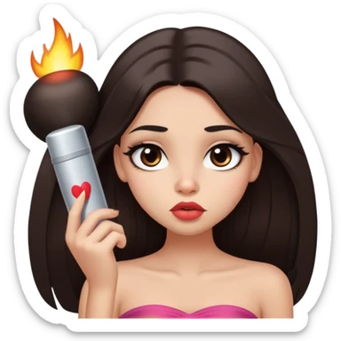 girl with lighter skin, dark brown long straight hair, pouty shiny lips without cupid's bow, large eyes, lighter button nose, long oval-shaped face, wearing a bandeau top sticker