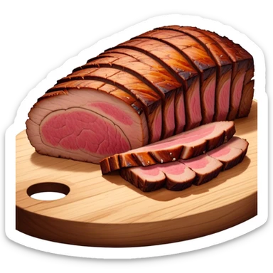 Cinematic smoked brisket, deep mahogany crust, perfectly sliced to reveal juicy marbled meat, warm smoky aroma, served on a wooden board, rich and flavorful, ultra-detailed and appetizing. sticker