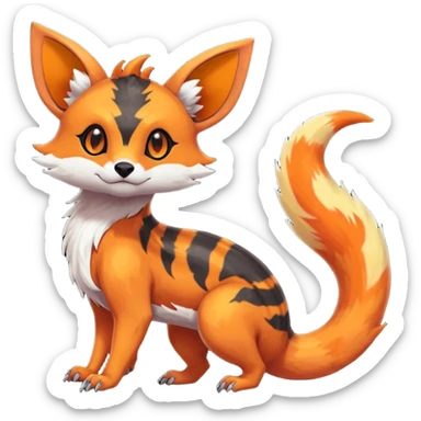 Rare tropical warm-colored exotic cute epic aesthetic colorful Salandit-Eevee-Civet-species-Fakemon-hybrid-creature, with wild fiery markings, full body sticker