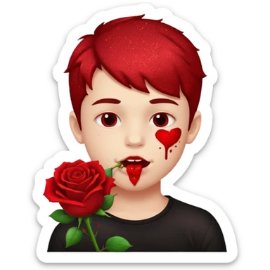 red glitter naughty-looking boy biting a rose in his mouth sticker