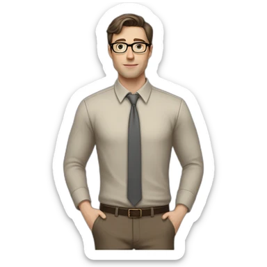 Full height Pale skinned fit man with dark brown hair in gray jacket, beige office shirt, brown tie, brown pants and vintage glasses. His right hand stretched out sticker