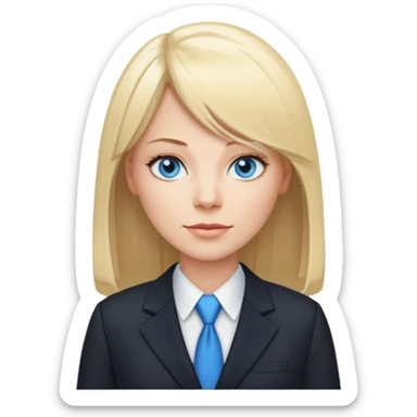 40 yr old white woman, pale skin, long straight blond hair parted in center, blue eyes, bangs, dress clothes for work sticker
