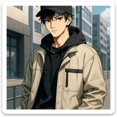 anime style handsome man with light skin in modern streetwear cosplay, cool and attractive sticker