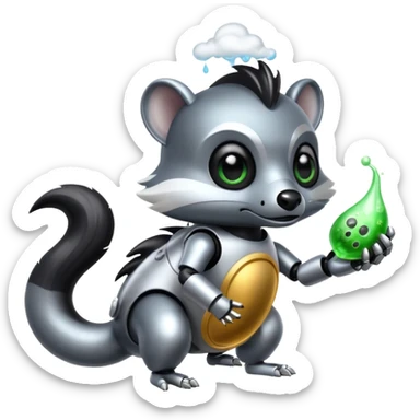 evil robot skunk with bacteria and fart cloud in samsung emoji style sticker