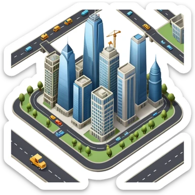 An icon showing a city-building game interface, inspired by Sim City. The design features a bustling city with roads, skyscrapers, and parks, with buildings being constructed and managed. The game’s interface, with stats and controls, is visible at the top. Transparent background. sticker