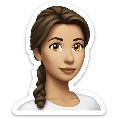 3/4 face, contrasted, shadow, light, Eva Longoria expression, standing from a distance, thin nose, brunette woman, hazel eyes, long eyelashes, dark shoulder shaded hair, white t-shirt, jeans, white sneakers sticker