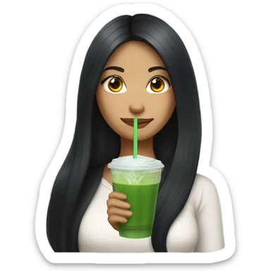 female with long black hair holding an iced matcha sticker