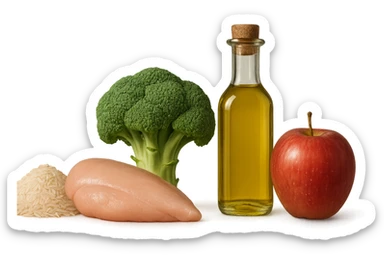 Riso basmati
Petto di pollo
Verdura fibrosa verde
Olio EVO
Mela
vista frontale, iperrealistico 4k sticker