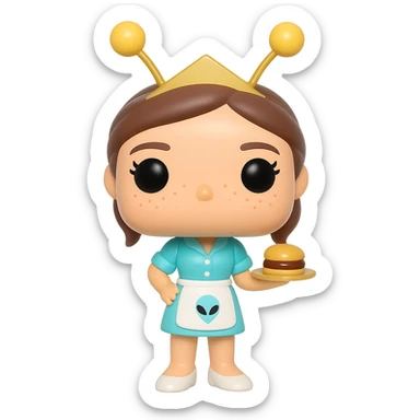 Create a Funko Pop style vinyl figure of Liz Parker from the Roswell series. She is wearing a light blue Crashdown Café waitress outfit with a white apron featuring an alien logo. She has a golden antenna headband, brown tied-up hair, rosy cheeks, freckles, and a friendly expression. She is holding a tray with a hamburger. The background should be transparent. sticker