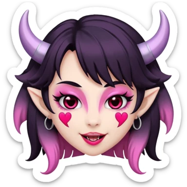 succubus,-pink-irises,-heart-pupils,-black-shaggy-hair,-straight-across-fringe,-grey-skin,-white-horns-curving-towards-forehead,-succubus-horns,-flirty-smile,-full-lips,-black-lips,-cute-fangs sticker