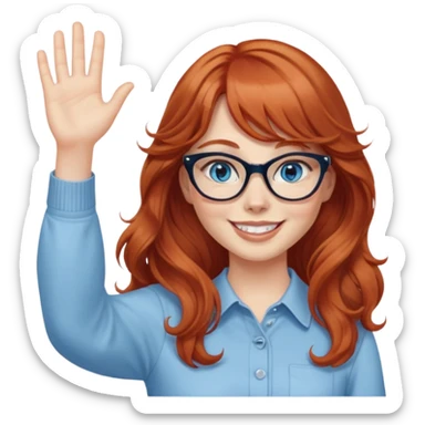 redheaded woman with very long wavy hair and bangs, blue eyes, clear cat-eye glasses, casual chic outfit, smiling, waving sticker