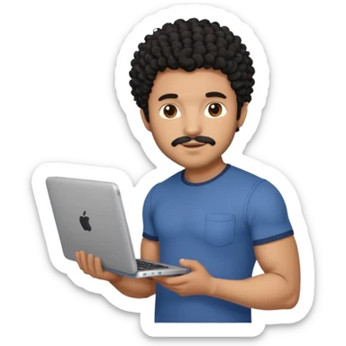 men holding his computer in hands. light brown skin men with curly black hair, dark brown eyes, little grown beard. ust a tiny bit muscular. dressed casual. round face. sticker