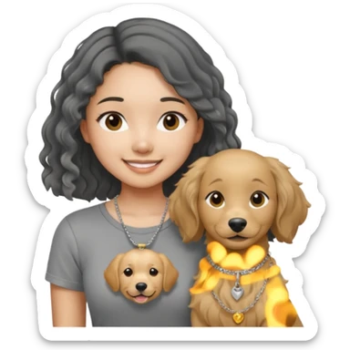 An asian girl wearing a gray round-neck tight T-shirt, a thin silver necklace .The hair is black and long, and the ends are slightly curly. Smiling, holding a golden retriever sticker