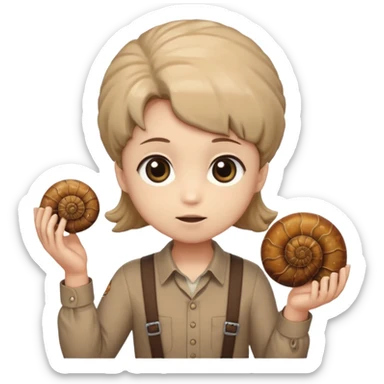 Shelly has a small, chibi-style body with a large ammonite-shaped head that looks like a beige fossil shell. One side of her head has a dark opening, making it clear she isn’t human. Her face is simple and soft, with big round eyes. She wears a brown suspender outfit over a lighter shirt sticker
