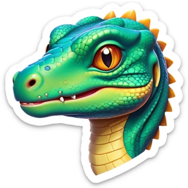 Cinematic Cute Komodo Dragon Lizard Portrait Emoji, Head tilted playfully and inquisitively, with a sleek, scaled form accented by vibrant hues and curious, sparkling eyes, Simplified yet irresistibly adorable features, highly detailed, glowing with a warm, lively glow, high shine, affectionate and spirited, stylized with a touch of exotic charm, bright and endearing, soft glowing outline, capturing the essence of a mischievous yet captivating lizard that seems poised to scurry out of the screen into your heart! sticker