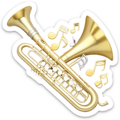 Create a festive and elegant emoji collage featuring a bouquet or fan of bells of wind instrument  (trumpets, saxophones, trombones, tubes, etc.) arranged in a radiant, symmetrical pattern. The instruments should have polished, golden and silver finishes, with their large, shiny bells forming a beautiful, fan-like display. Include a flowing ribbon of musical notes swirling through the center, conveying movement and melody. The background should feature a deep red velvet texture, adding a touch of luxury and sophistication. The overall composition should be balanced, with an elegant and regal feel, with a transparent background to keep focus on the instruments and musical elements. sticker