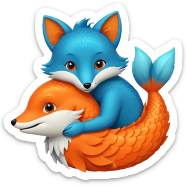Make a bright orange fish and a teal blue fox that are hugging or cuddling each other sticker