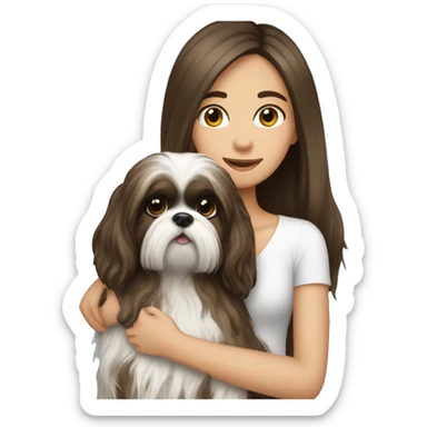 Brunette girl long hair, hugging her Shih tzu sticker