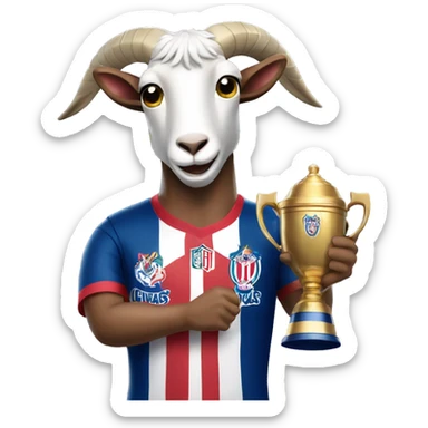 Draw a goat wearing the jersey of Chivas (a Mexican soccer team), holding a trophy in one hand. sticker