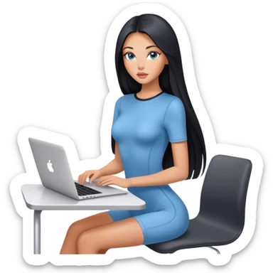 Glamours tanned very beautiful girl with pump peach nude lips and black straight smooth long hair, blue-grey eyes in short sleeves bodysuit with MacBook sticker