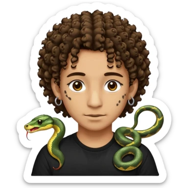 Chico con cabello medio corto, rizado, con ojos marrones, piel trigueña, con dos piercings debajo del labio (Snake bites) y dos piercings en cada oreja con pendientes negro, con polera negra sticker