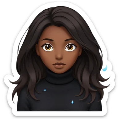 Mujer pelo oscuroy muy largo con unos mechones saliendo ojos oscuros y muy atractiva y con jersey de invierno de cuello vuelto sticker