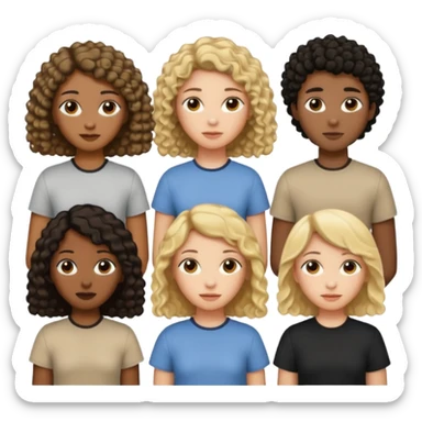 group of people  together ; men and women with one with brown straight hair one with blonde hair and one with black curly hair- short hair, long hair and curly hair wearing beige shirts aesthetic no collar, brown people, white people, black people sticker