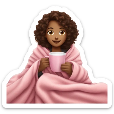 Brunette girl with curly hair in a cozy pink blanket while drinking coffee sticker