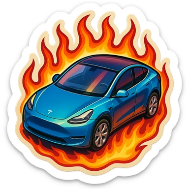 A Tesla Model Y parking in a driveway, from above, with fire around sticker
