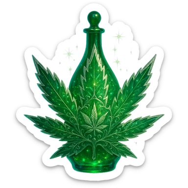 cannabis leaf-shaped luxurious elixir bottle or with cannabis motifs, vibrant green color, iridescent and silver details, intense magical glowing and sparkling effects, very small neck, seamless bottom, floating, no base or shadow, modern, matching a collection, transparent background sticker