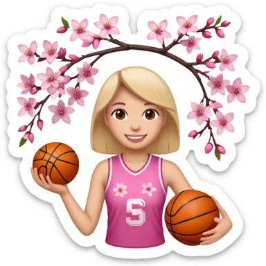 apple style emoji of a basketball girl player with cherry blossoms, representing 'Cherry Blossom Energy' for April sticker