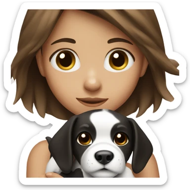 a girl with brown hair holding a black and white puppy sticker