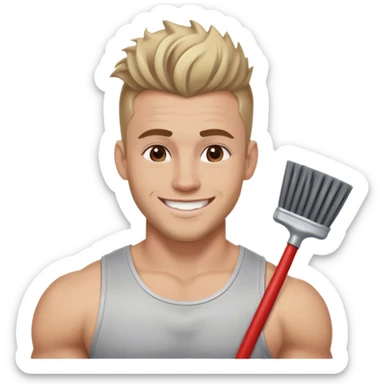 smiling muscular 28 year old man with silver jewelry, with light brown hair that has some blonde and red highlights, and a fauxhawk cleaning sticker