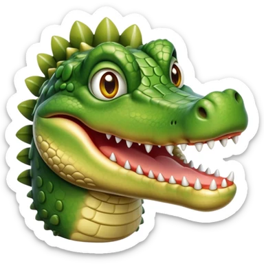 Cinematic Realistic Cute Crocodile Portrait Emoji, Head tilted playfully and inquisitively, featuring a robust, well-defined build with intricately detailed, glossy olive-green scales and a surprisingly endearing face with round, sparkling eyes full of unexpected charm, rendered with lifelike texture and natural highlights, high shine, affectionate and spirited, styled with a touch of wild whimsy, soft glowing outline, capturing the essence of a mischievous yet lovable crocodile that seems poised to snap playfully out of the screen into your arms! sticker