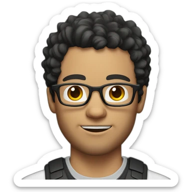White man with short, curly and wavy black hair, he has a minimal beard and glasses, quite a forehead, and he is a gamer. sticker