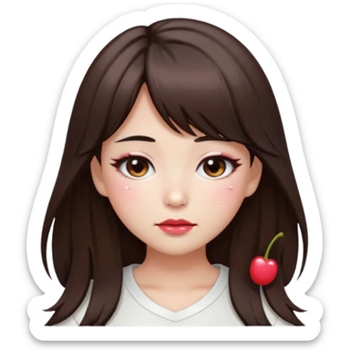 “japanese style Emoji brunette girl long hair with side bangs white top, dewy skin, heavy blush across cheeks and nose bridge, glossy cherry lips, soft eyeliner, teary sparkling eyes sticker
